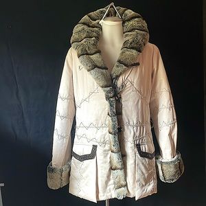 Embroidered jacket with faux chinchilla collar and cuffs